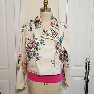 Stylish studded faux leather floral jacket